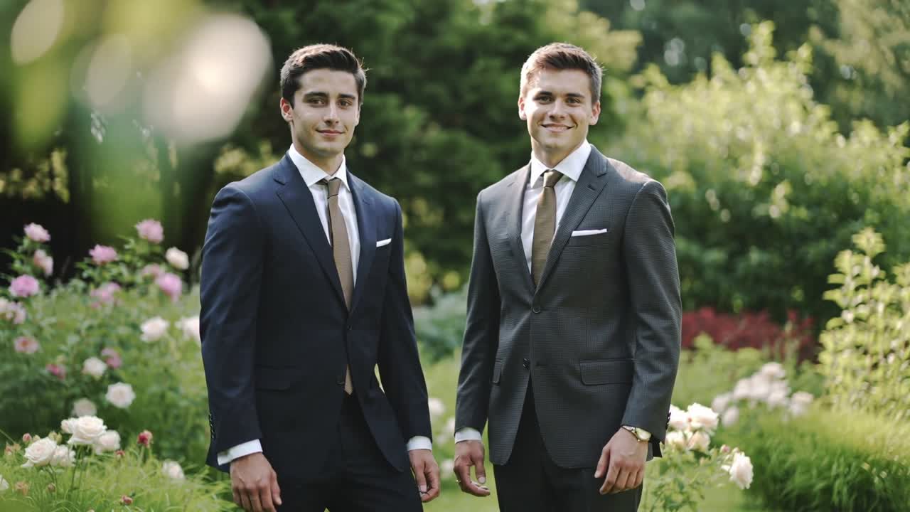 Smiling right man after cue shifting stance while both posing for portrait in garden with suits