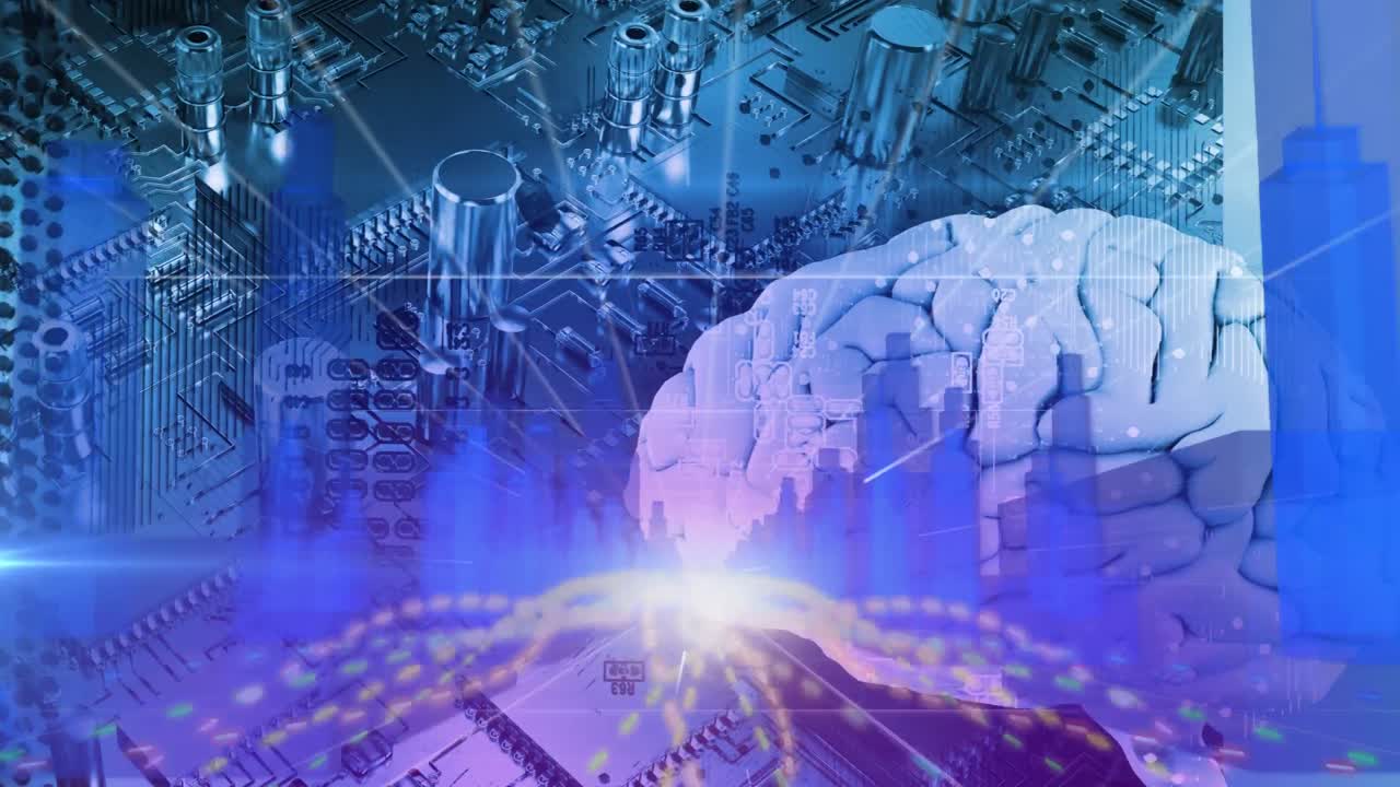 3d 도시 모델의 애니메이션과 인간의 뇌에 대한 빛의 점, 마더보드의 클로즈업