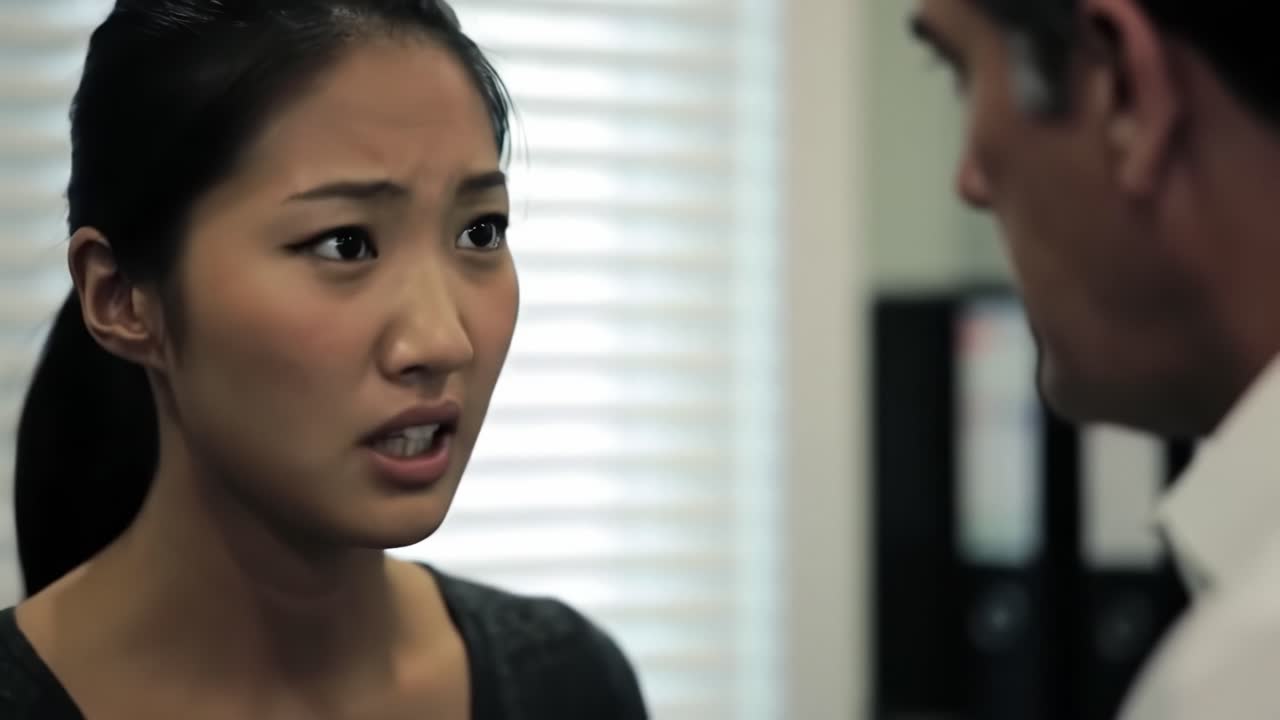 Tension fills the air as a woman confronts a man in an office environment. She gestures animatedly while expressing her frustrations.