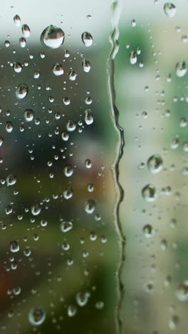 water droplets background. rain drops on a window pane. water drop falling down on the window glass in rainy weather. close-up. vertical video