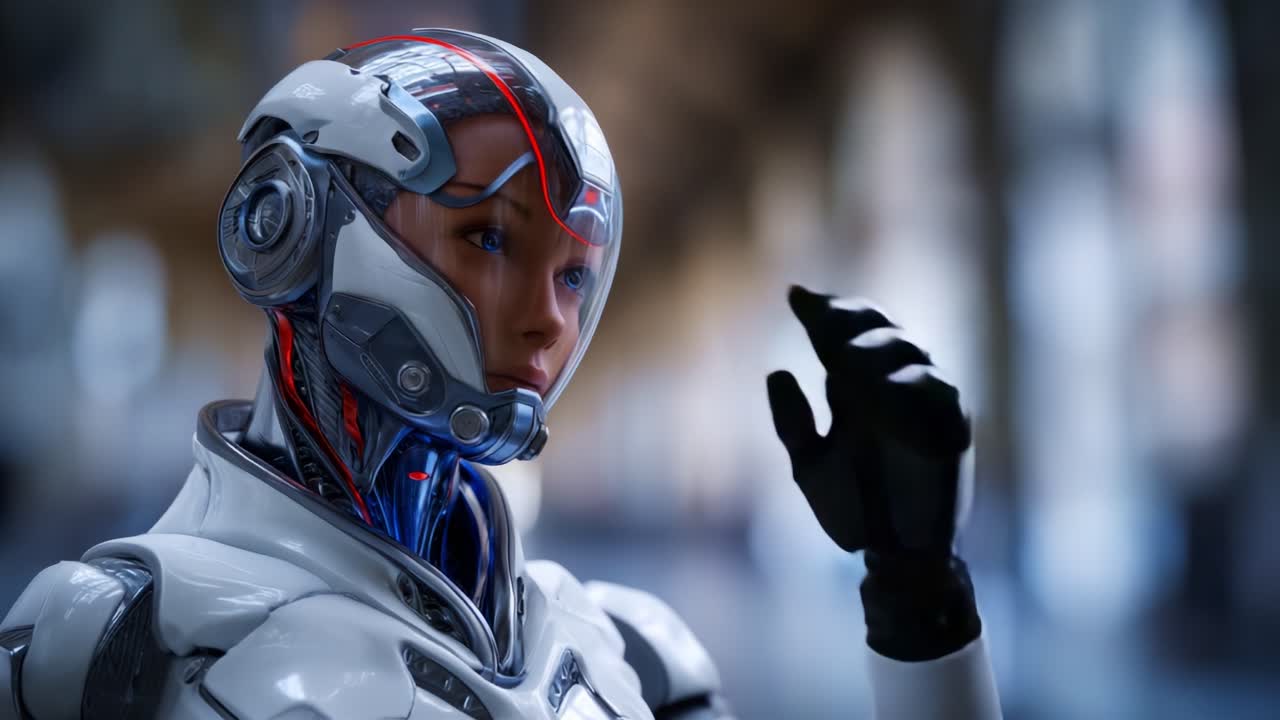 Robot futuristico con tecnologia IA avanzata che mostra caratteristiche ed espressioni simili a quelle umane in un design antropomorfo altamente dettagliato