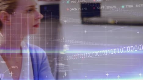 Stock market data processing over spinning globe against caucasian businesswoman sitting at airport