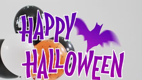 Animation-of-halloween-text-over-balloons-and-bat-on-grey-background