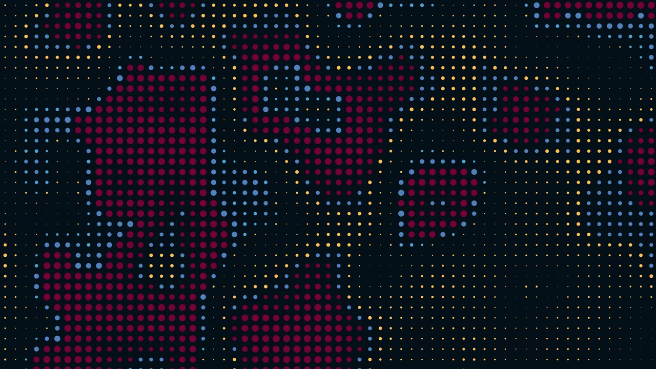 Vibrant abstract dot pattern dynamically whirling, swirling on a black background, modern data and technological background animation