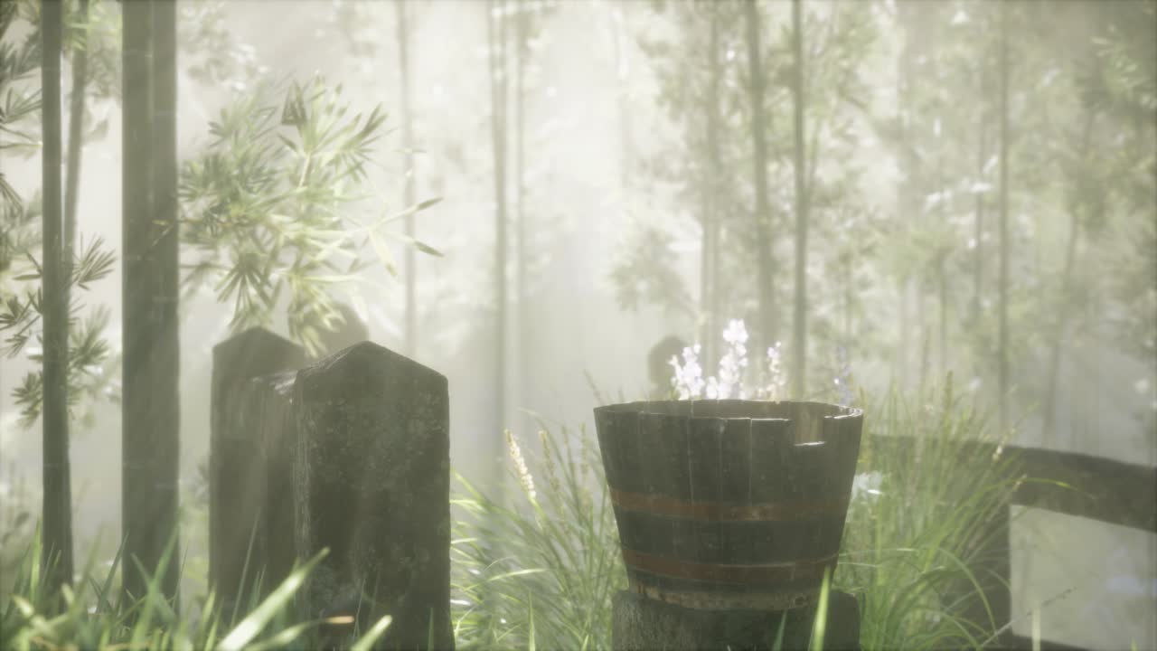 일본 대나무 숲 과 녹색 초원 잔디 와 자연 빛