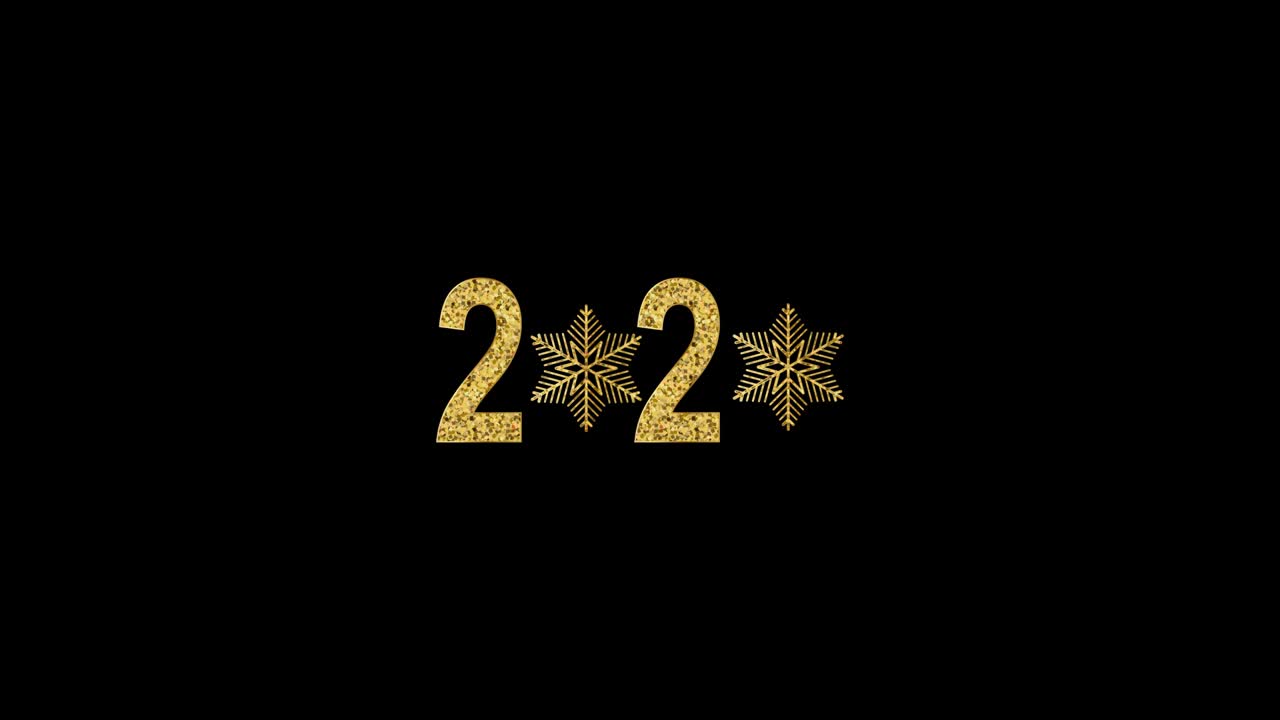 feliz año nuevo número de oro 2020. diseño dorado brillante con brillo y copos de nieve dorado. animación con alfa (fondo transparente) para un uso fácil en su video.