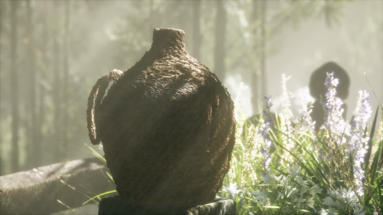 Hutan bambu Jepang dan padang rumput hijau dengan cahaya alami.