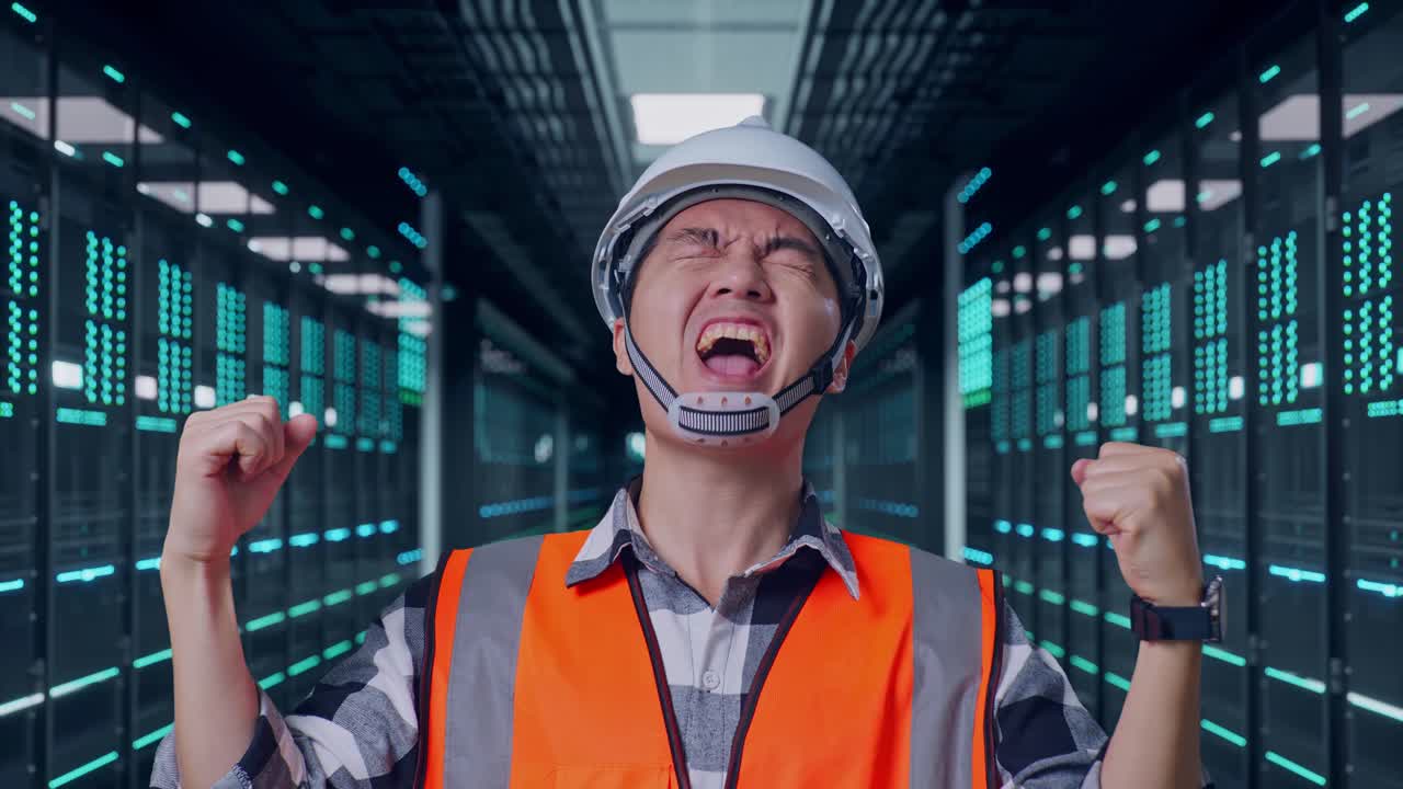 Primo piano di un ingegnere asiatico con elmetto di sicurezza che urla 'gol' festeggiando mentre lavora in un data center