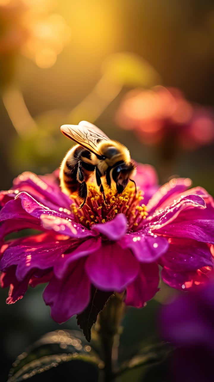 Close-up of a Bee on a Pink Flower with Dew Drops in Golden Light