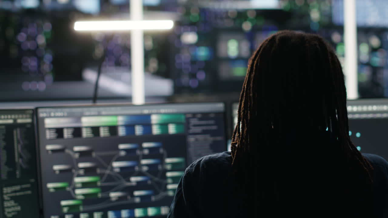 Data center computer scientist using node tree software to analyze datasets