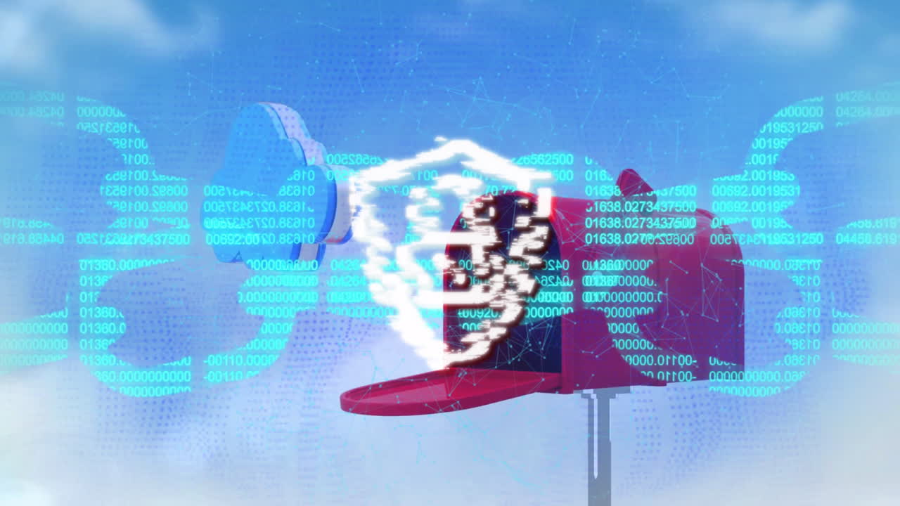 바이너리 코드로 빨간 비행기 위의 사이버 보안 방패 애니메이션