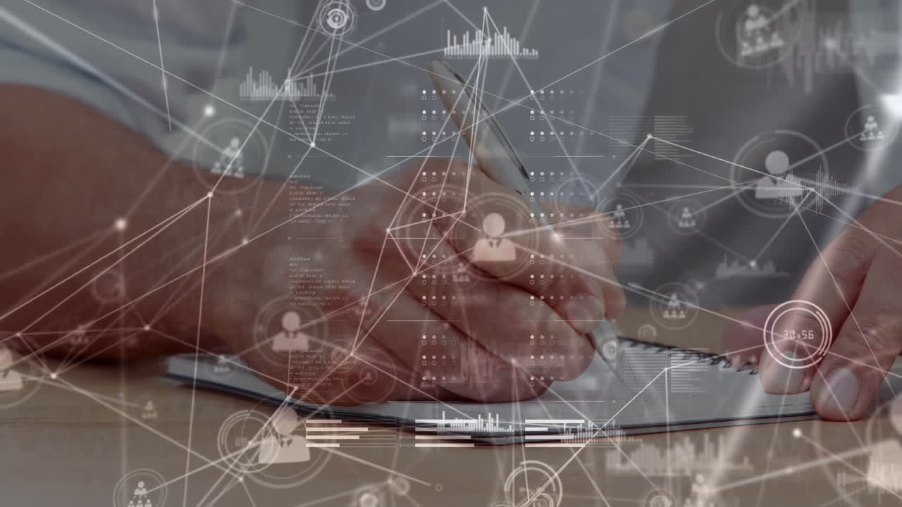 Animation of connections and data processing over businessman writing