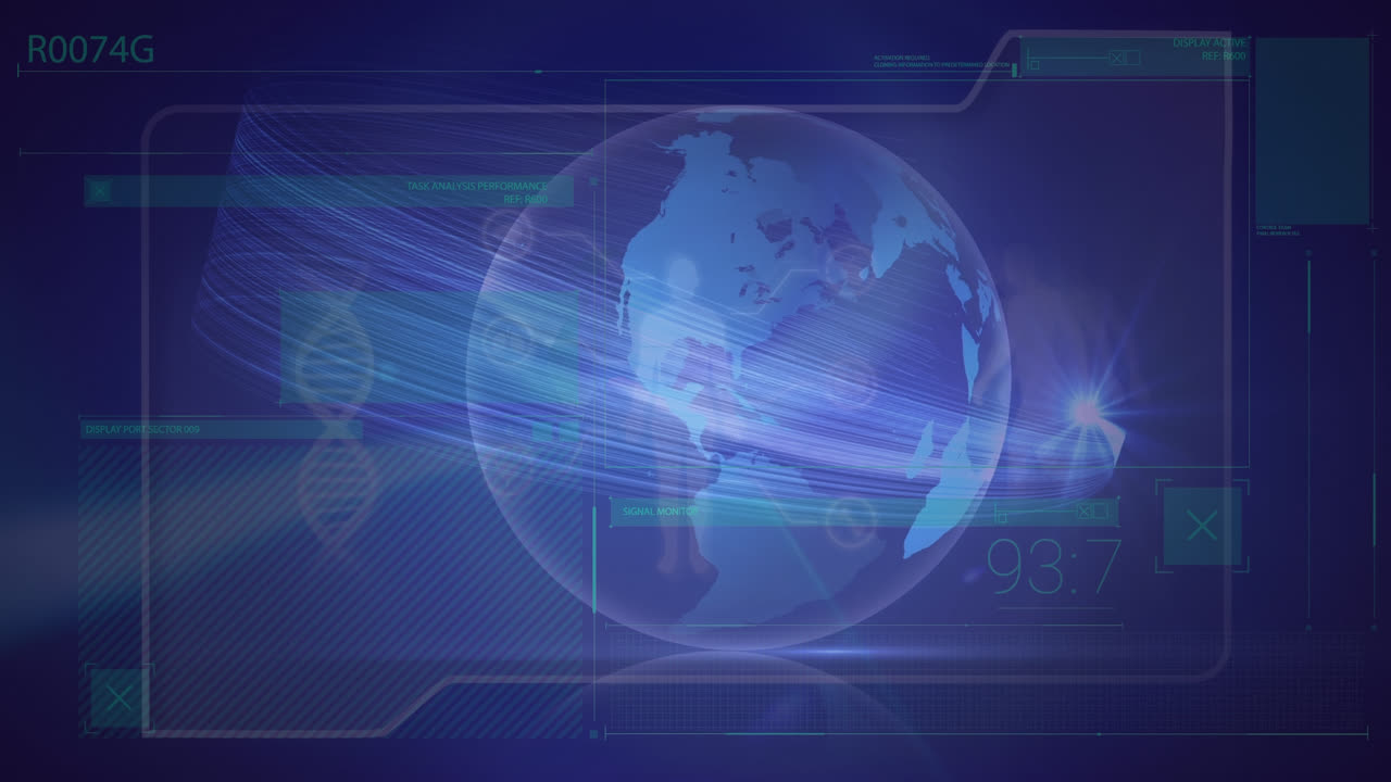 Animation of light beam moving around globe with human body, dna on digital interface