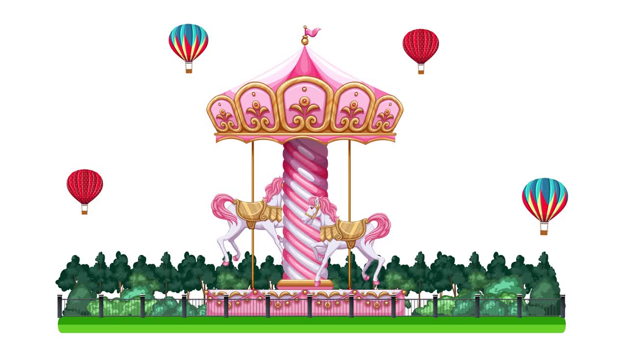 A pink carousel rotates amidst green trees and floating hot air balloons against white space