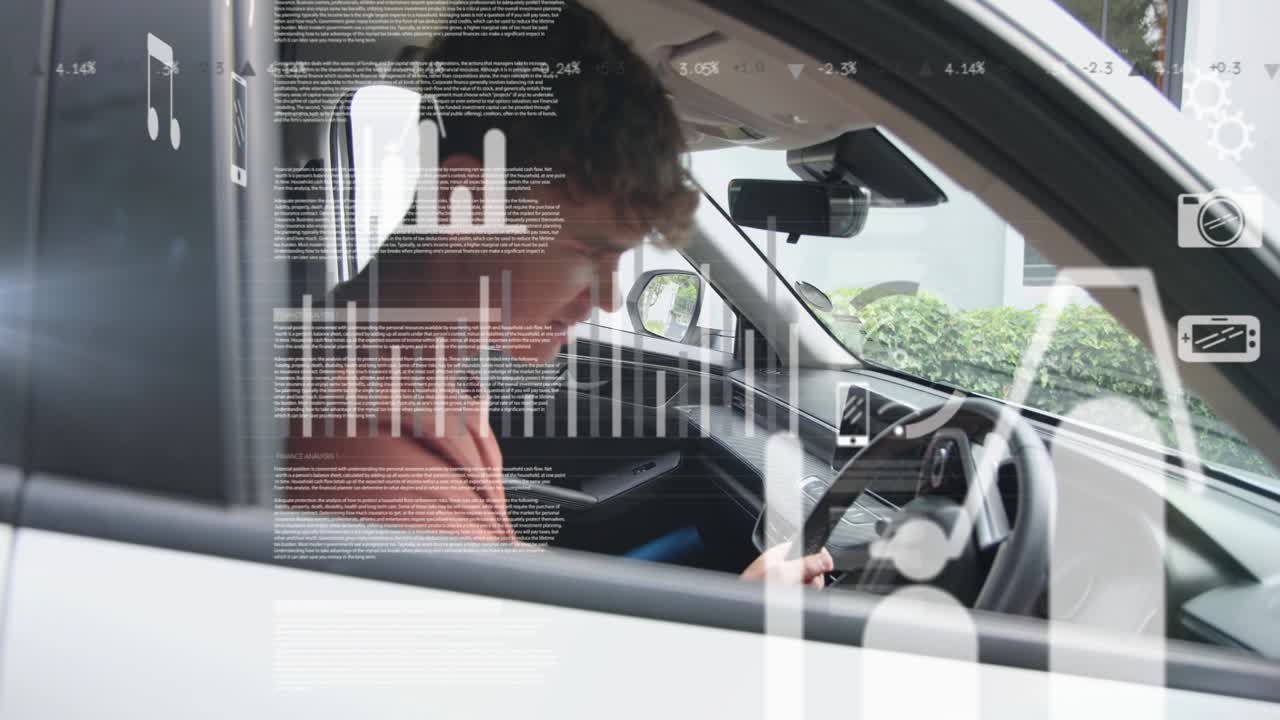 Adult male sitting parked car reaching console, activating tech HUD overlays and preparing to drive