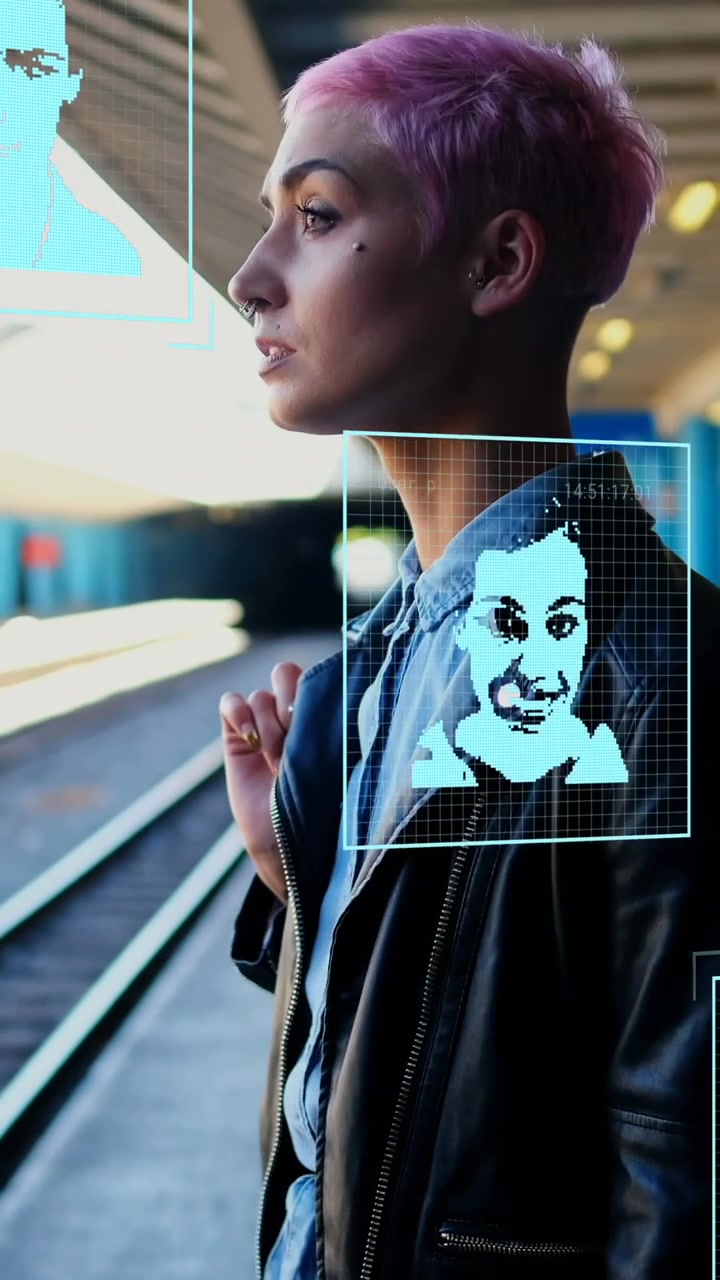 Animation of digital profile portraits over caucasian woman with pink hair waiting at station