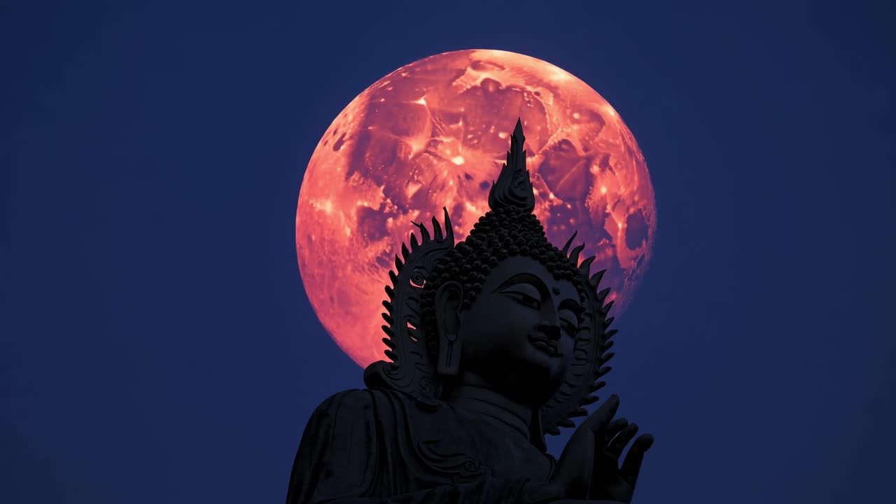 Silhouette of a buddha statue meditating with hands joined under a large crimson full moon in a twilight sky, creating a serene and spiritual atmosphere