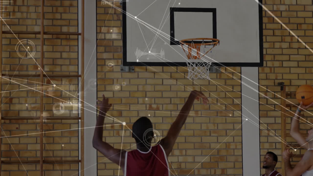 Shooting hoops, basketball players with data processing animation overlay in gym