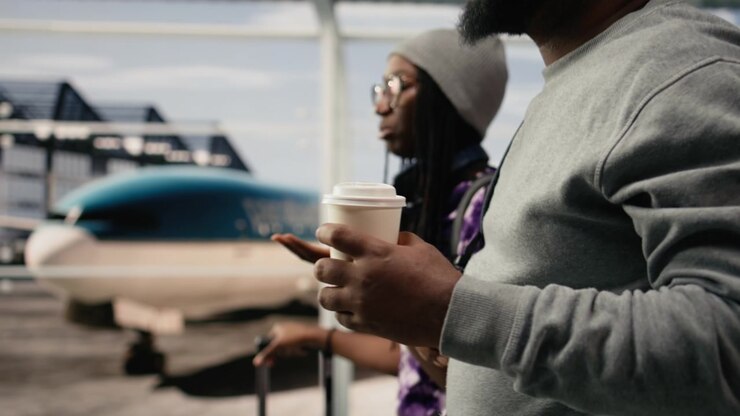 Close up of coffee cup in airport passenger hand