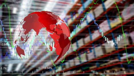 animation of financial data processing over globe and warehouse