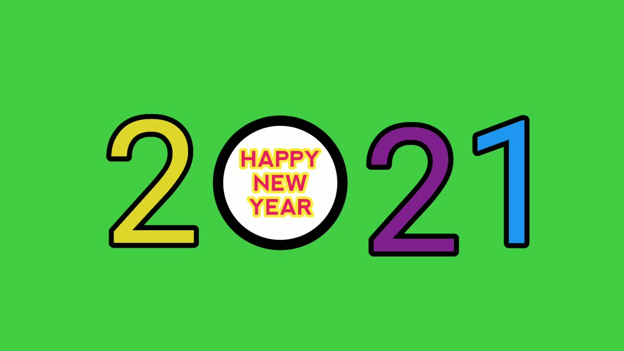 Zahl 2021 und Neujahrsgrußtext, 4K-Animation auf grünem Bildschirmhintergrund. Neujahrstext im Kreis mit der Zahl 2021