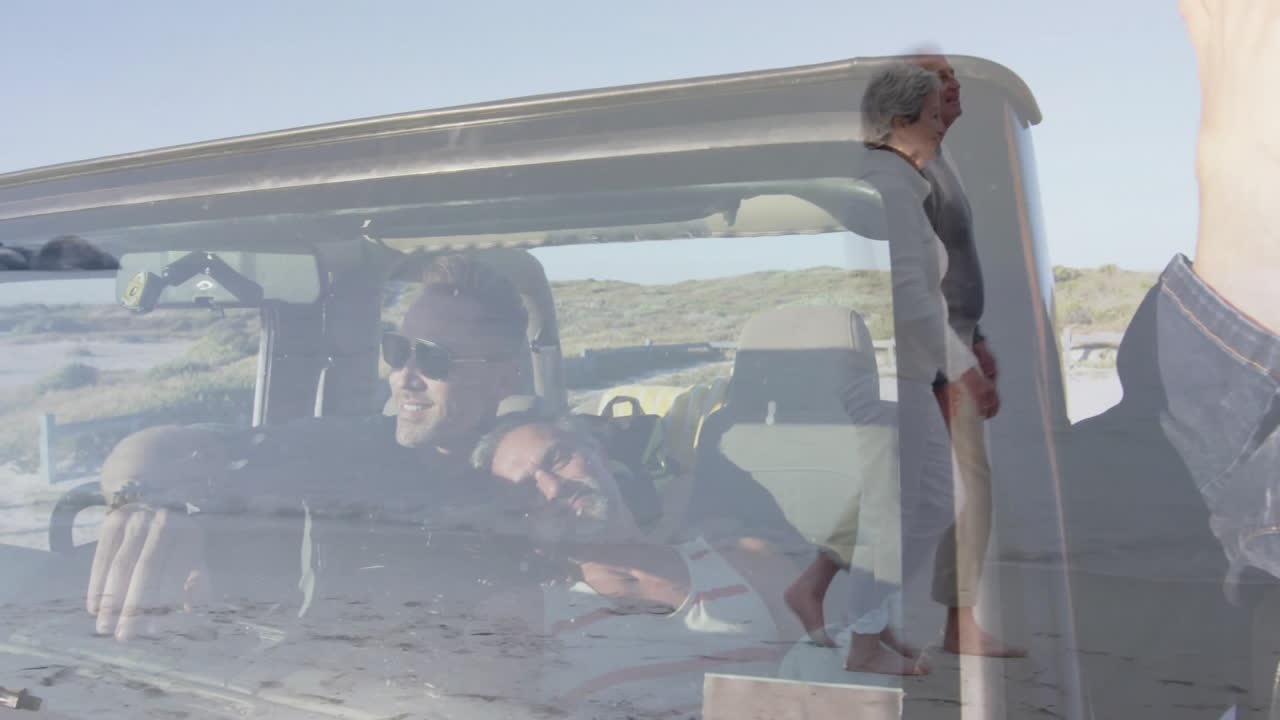 Walking on sand, couple with animation overlay, people enjoying beach drive