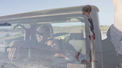 walking on sand, couple with animation overlay, people enjoying beach drive