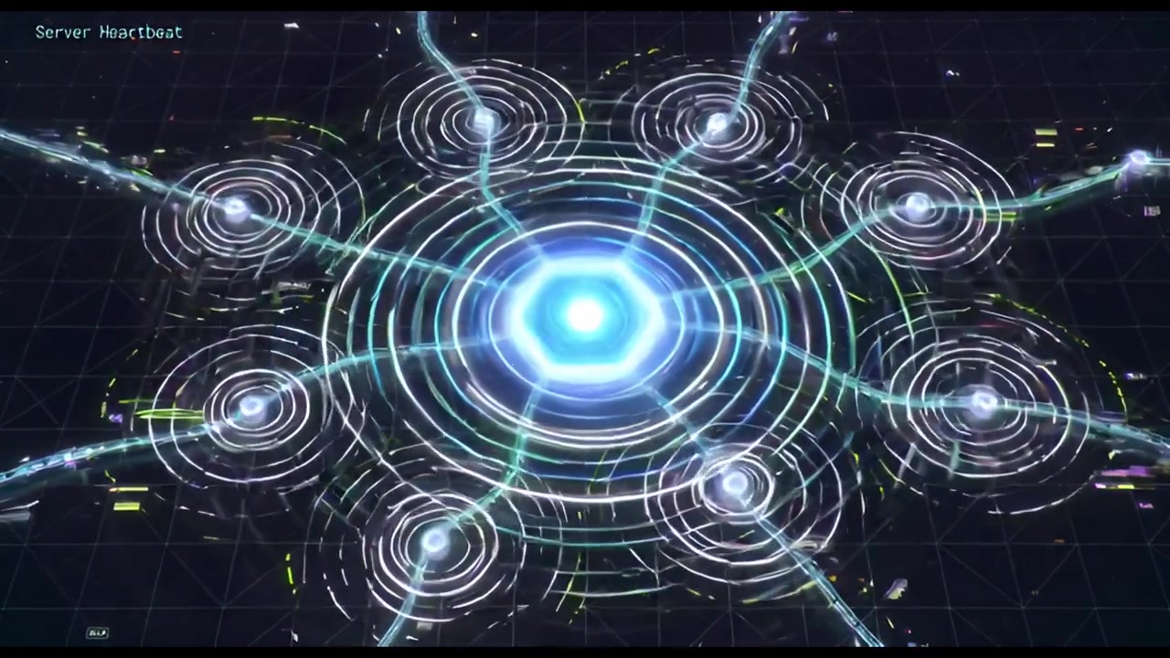 Abstraktes digitales Netzwerk mit zentralem Server-Heartbeat und Datenfluss.