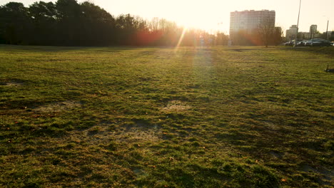 Low-angle-flying-over-the-flat-meadow-pitching-up-towards-setting-sun-in-urban-Gdansk-Przymorze