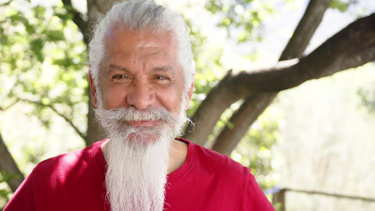 retrato de un feliz anciano biracial con barba blanca en la naturaleza soleada, espacio de copia, cámara lenta