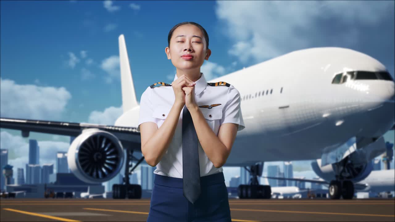 아시아 여성 조종사가 배경에 비행기와 함께 공항에 서서 무언가를 위해 기도하고 있습니다.