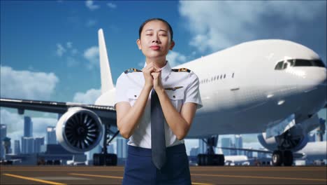 asian woman pilot praying for something while standing in airfield with airplane on background