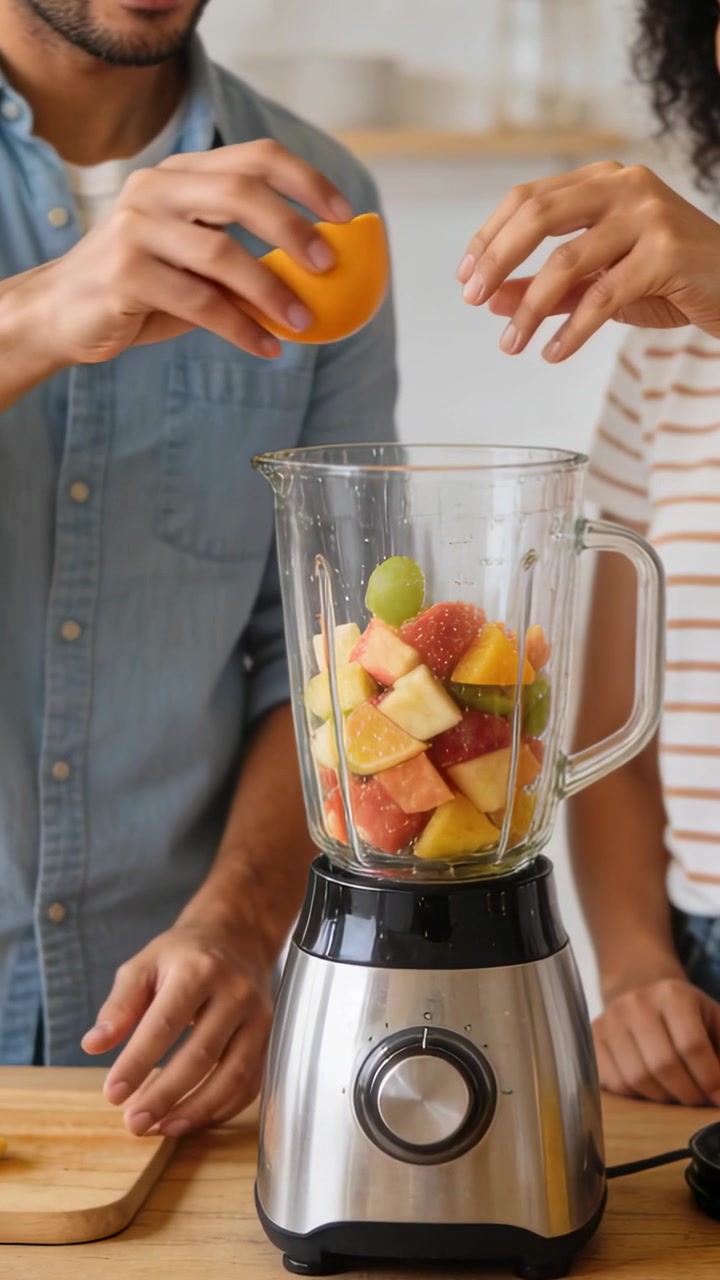Video verticale: Spremitura di agrumi, uomo e donna che riempiono il frullatore sul bancone della cucina mentre preparano un frullato