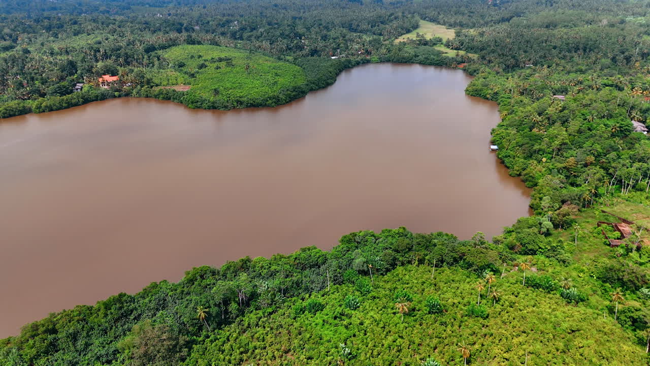 Peaceful lake with brown water surrounded by lush greenery. Exotic nature of Sri Lanka from drone footage.