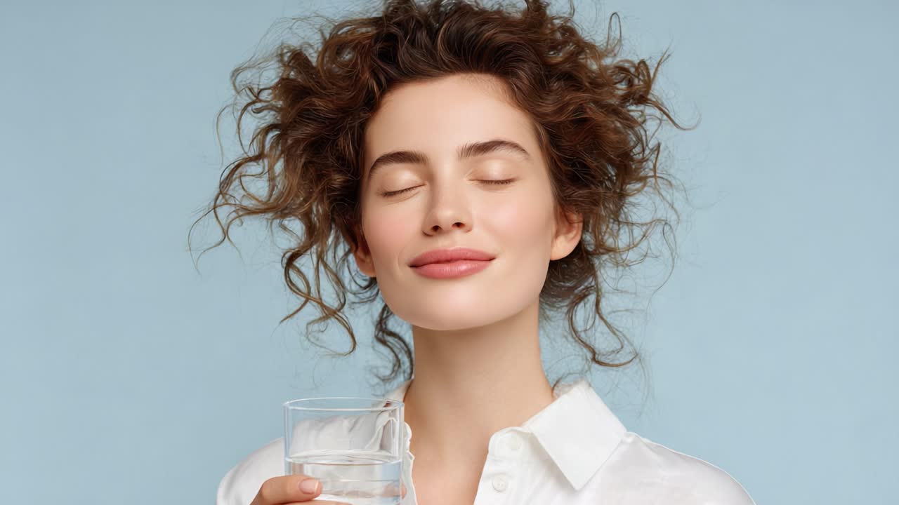 Un momento rigenerante: una giovane donna si gode l'essenza dell'idratazione mentre sorseggia acqua pura, abbracciando benessere e serenità in un'atmosfera tranquilla