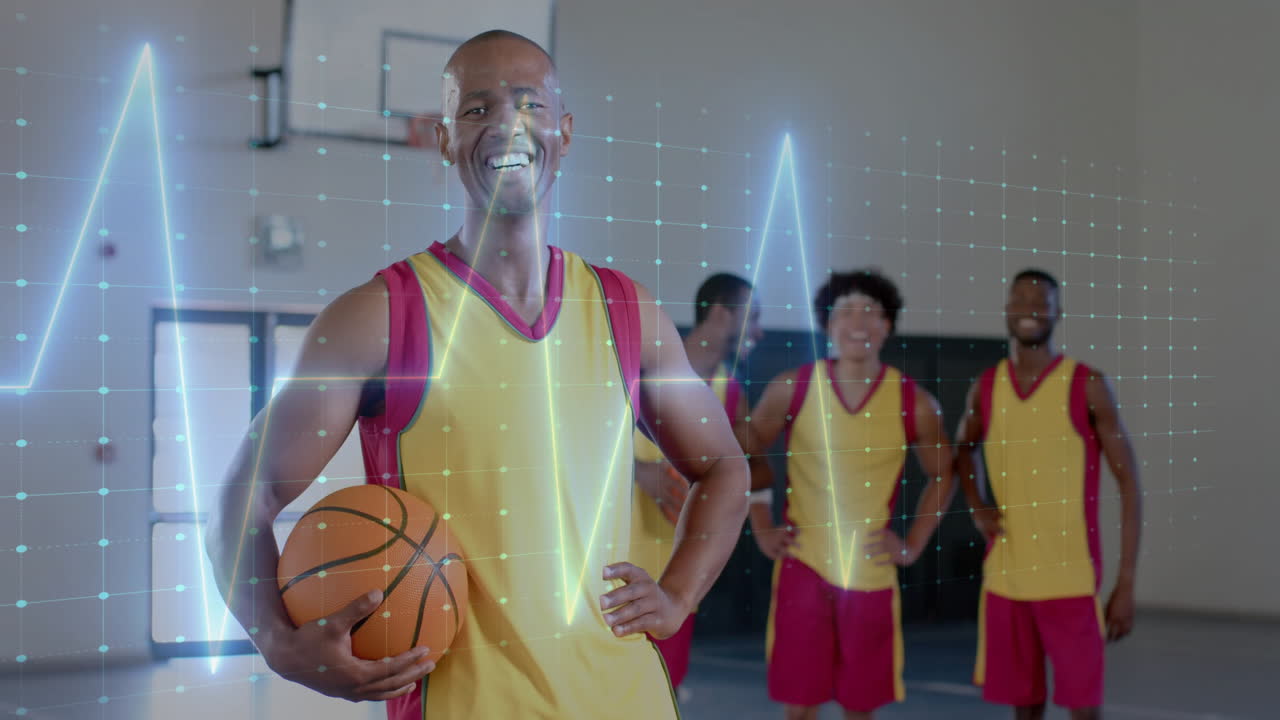 Animación de procesamiento de datos digitales sobre diversos jugadores de baloncesto en la cancha