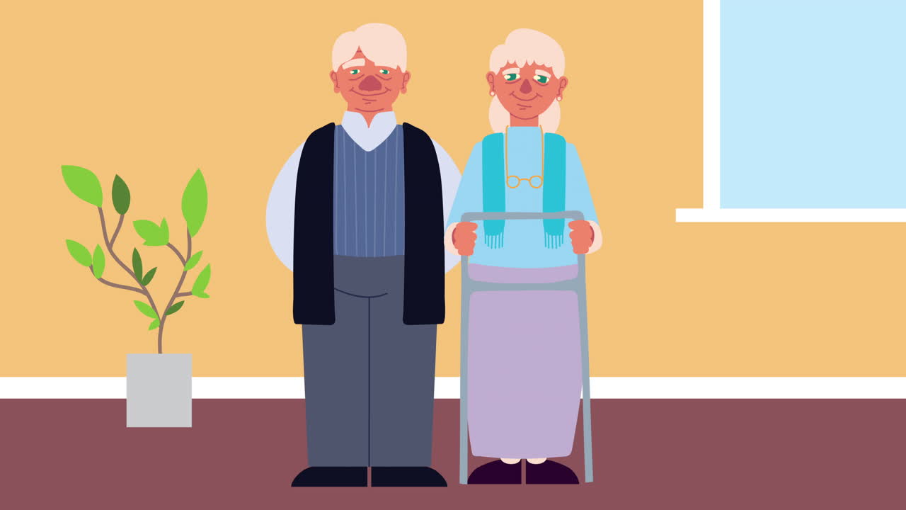 coppia di nonni con personaggi animati di piante d'appartamento