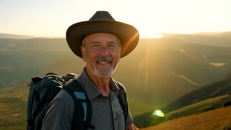 experienced hiker enjoys a mountain trek at sunset, smiling and radiating happiness while surrounded by the beauty of nature. the moment captures a sense of freedom and adventure