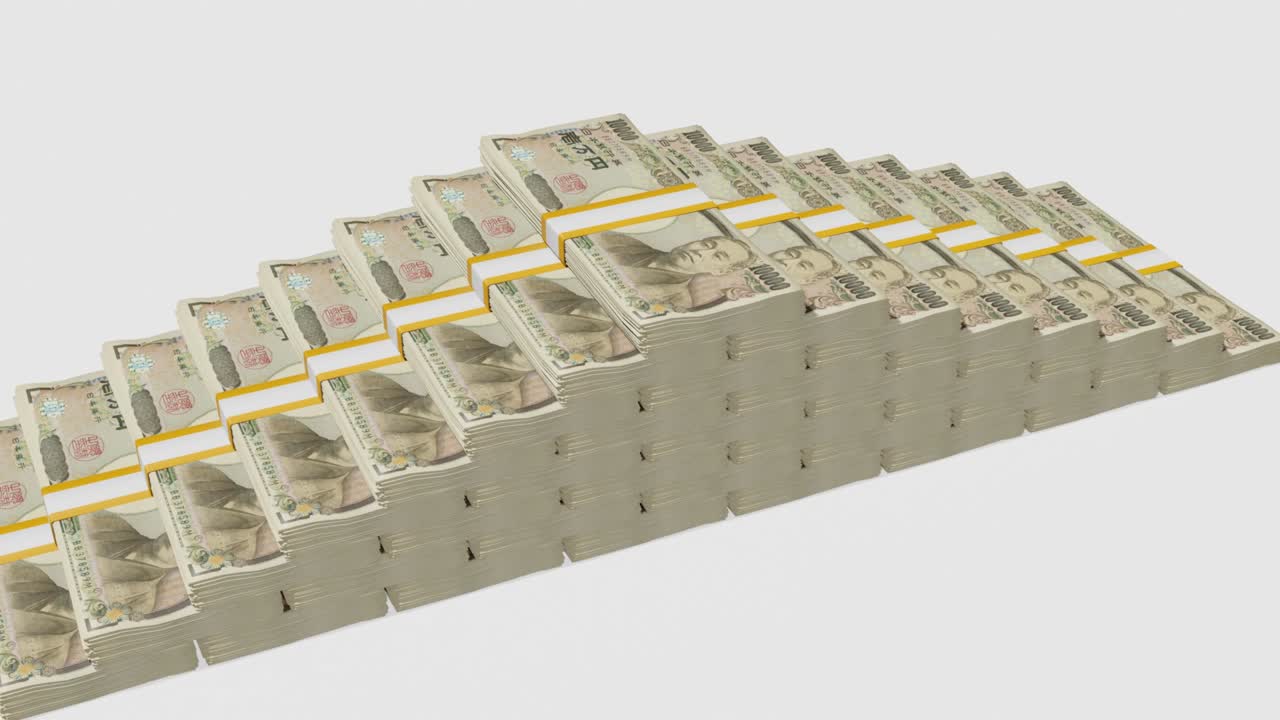 Many wads of money. 10000 Japanese Yen banknotes. Stacks of money.