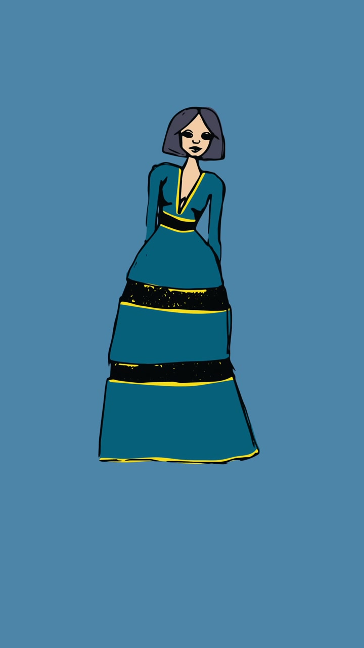 Animação de desenhos de moda de modelo em fundo azul