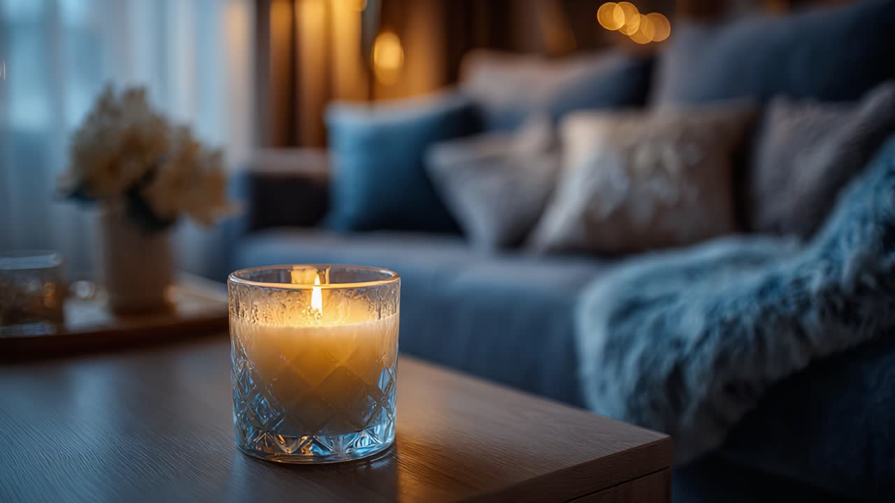 Une soirée paisible dans un salon douillet, avec une bougie allumée, des textures douces et une lumière d’ambiance créant une atmosphère chaleureuse et accueillante propice à la détente.