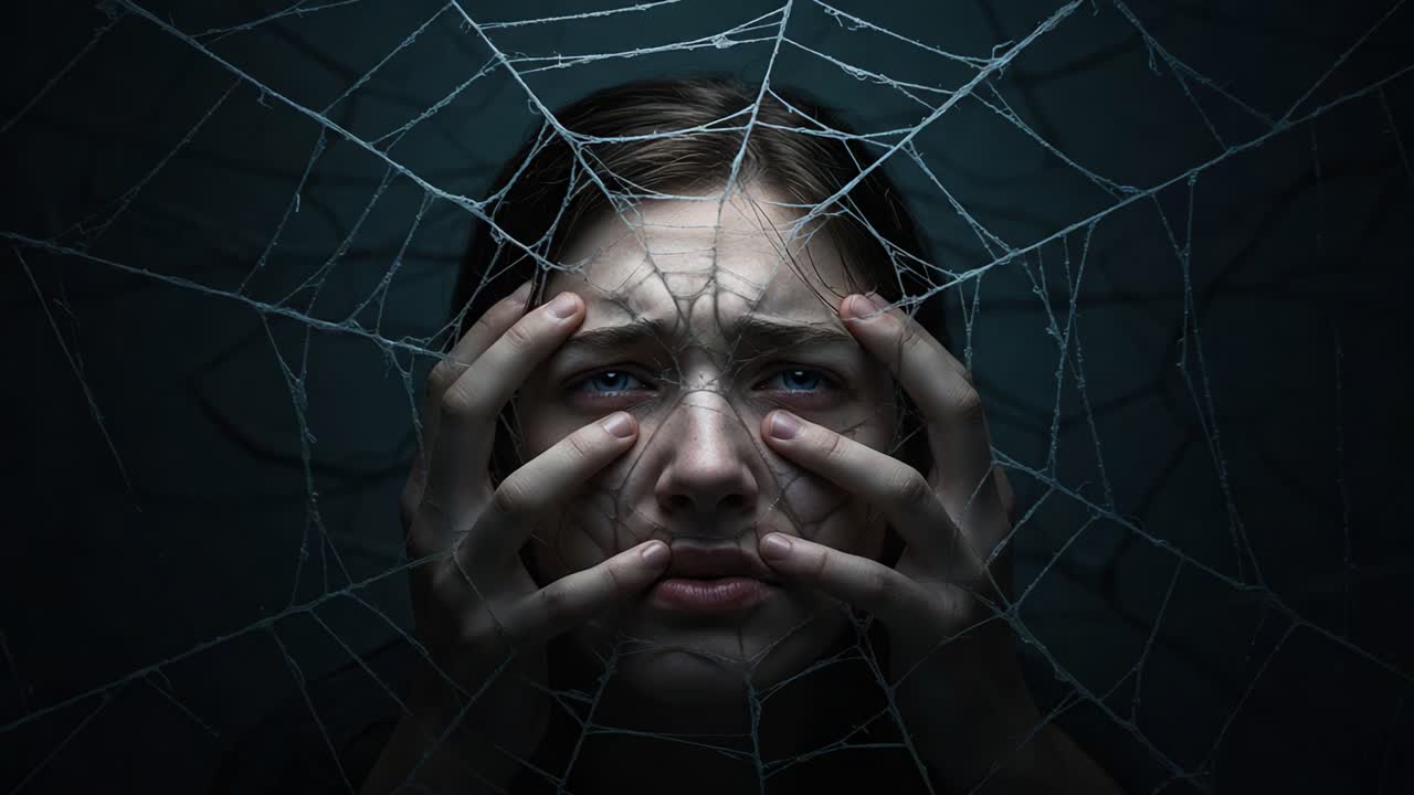 A Captivating Portrait of Struggle: A Young Woman Trapped Behind a Web, Highlighting Themes of Isolation, Fear, and an Urgent Desire for Freedom from Ensnaring Circumstances