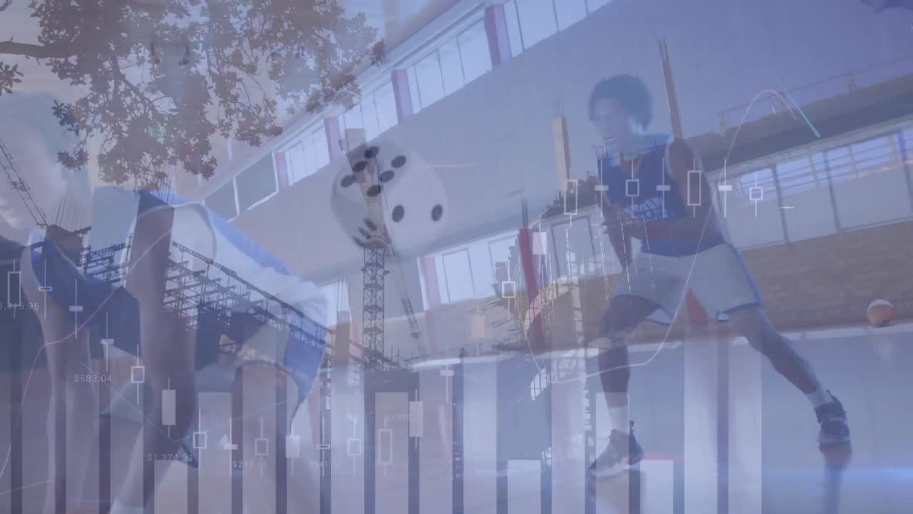 체육관에서 다양한 남성 농구 선수에 대한 데이터 처리 애니메이션