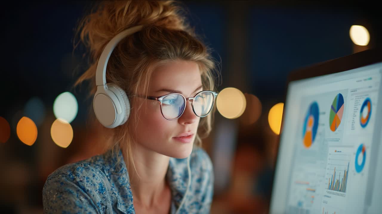 Focused Young Woman Analyzing Data on Computer While Wearing Headphones, Surrounded by a Soft Evening Glow Highlighting Technical Charts and Graphs