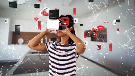 mujer usando auriculares de realidad virtual con iconos generados digitalmente 4k