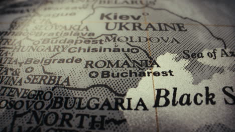 close-up of a world map focusing on eastern europe
