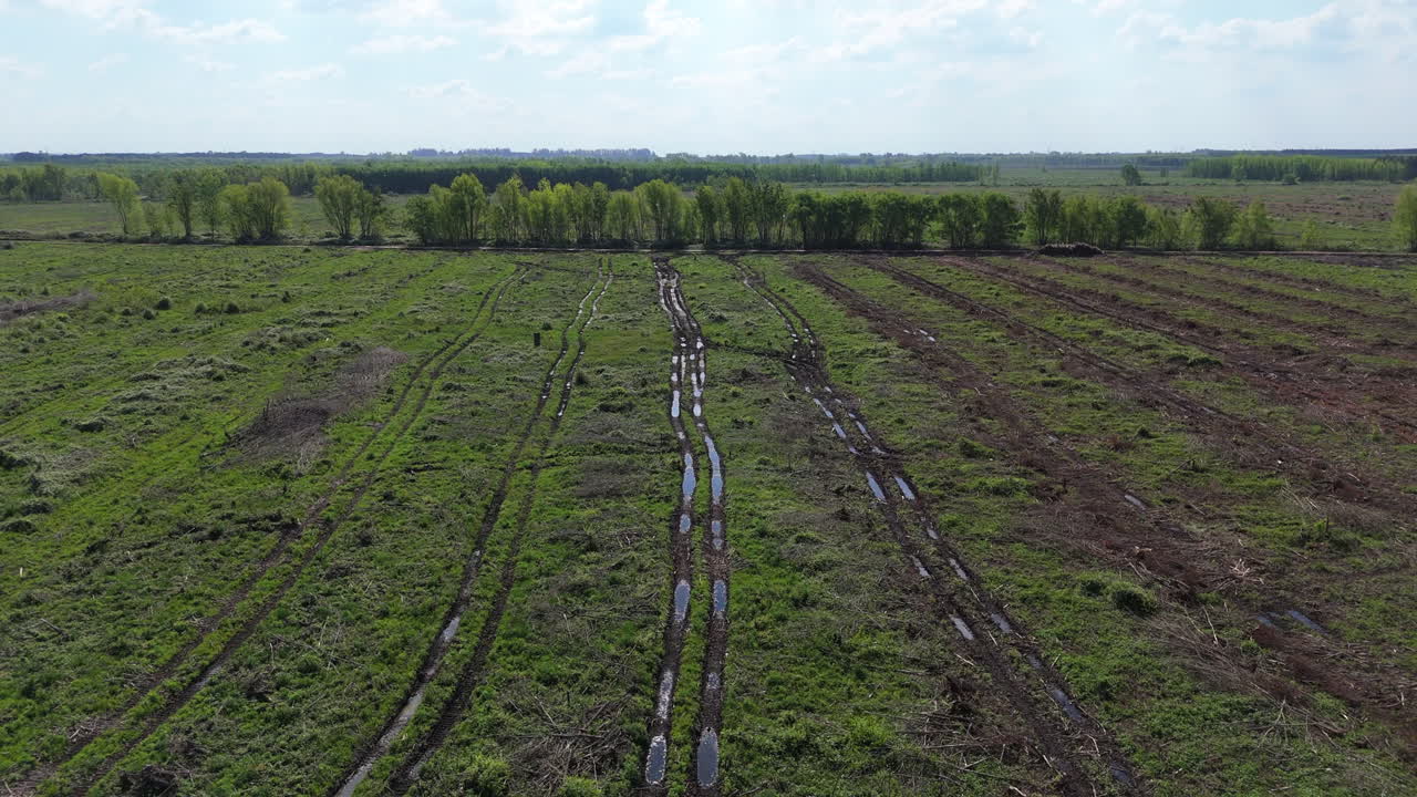 Aerial view of muddy forest clearing with deep tire tracks cutting through the deforested area.