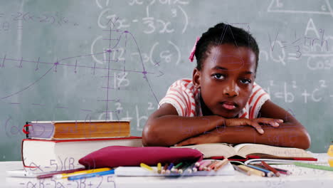 mathematical equations floating against girl sitting on her desk at school