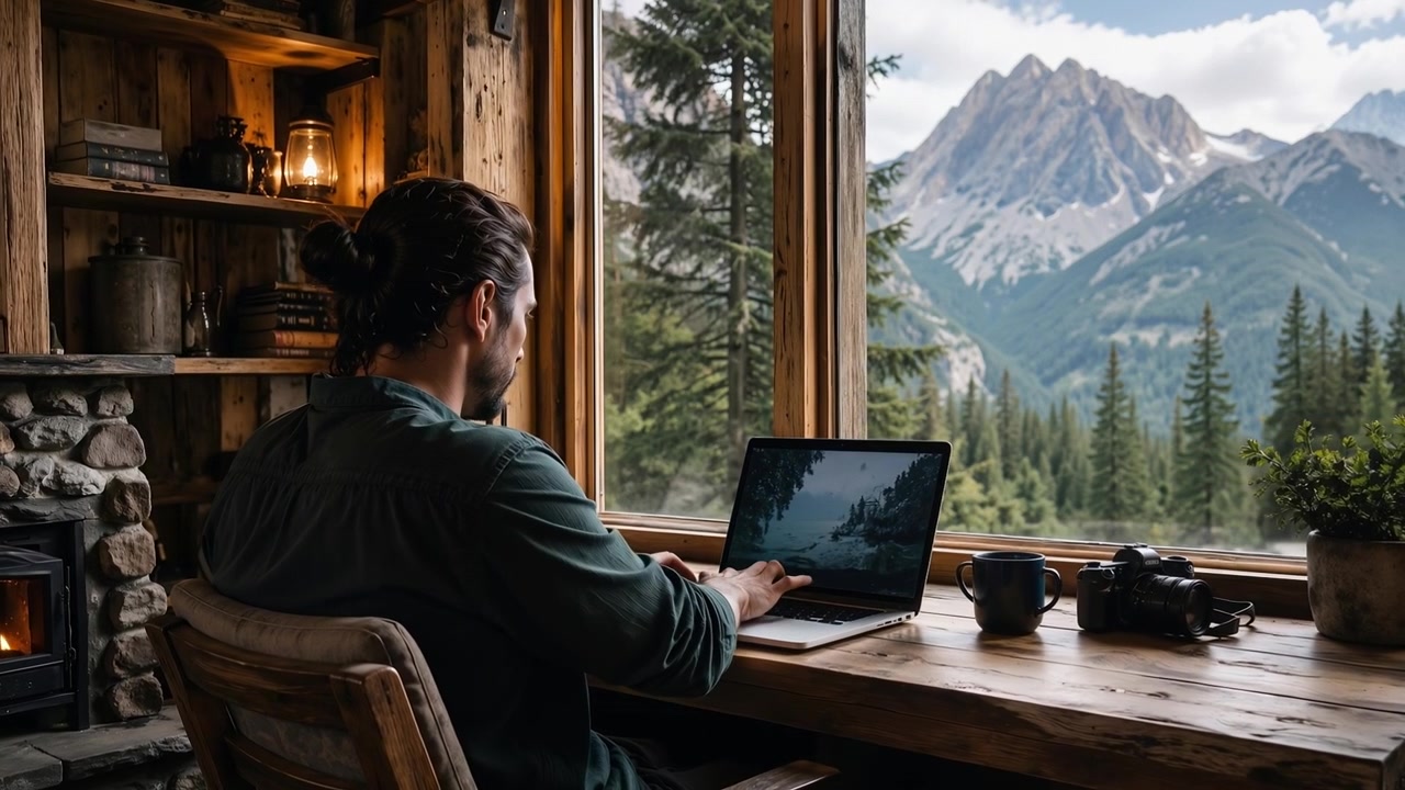 Remote worker using a laptop inside a cozy cabin with a scenic mountain view outside the window