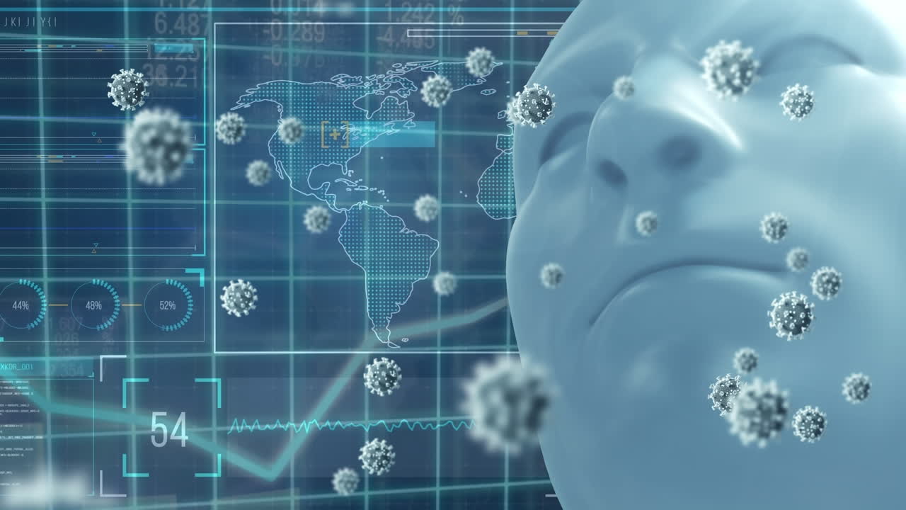 Animation of virus cells, world map and human face model over screen with diverse data